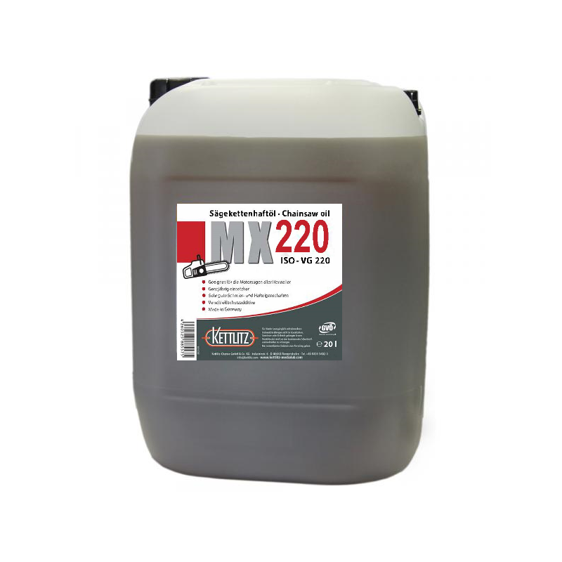 Huile de chaîne de tronçonneuse KETTLITZ-MX220 Minérale - 20 Litres ISO VG 220 Huile de chaîne de tronçonneuse KETTLITZ-MX220 Minérale - 20 Litres ISO VG 220