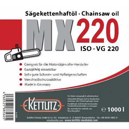 Huile de chaîne de tronçonneuse KETTLITZ-MX220 Minérale - 1000 Litres ISO VG 220