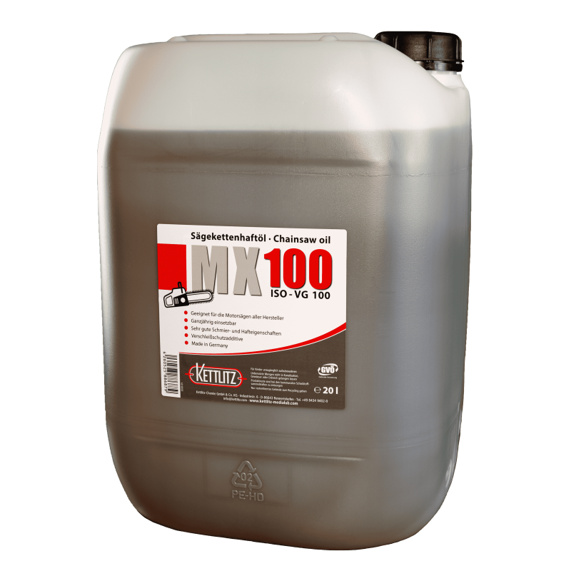 Huile de chaîne de tronçonneuse KETTLITZ-MX100 Minérale - 20 Litres ISO VG 100 Huile de chaîne de tronçonneuse KETTLITZ-MX100 Minérale - 20 Litres ISO VG 100